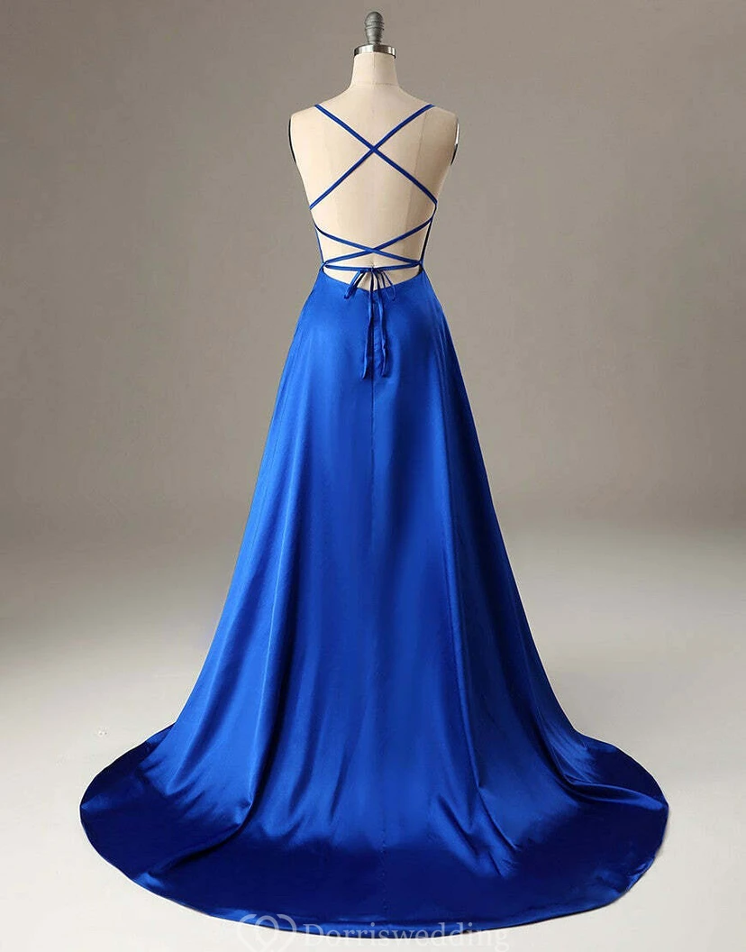 Simple Satin Spaghetti A-line Dress with Sweep Train view 3