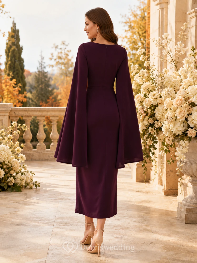 Plum Bateau Long Cape Sleeve Satin Sheath Tea Wedding Guest Dress view 2