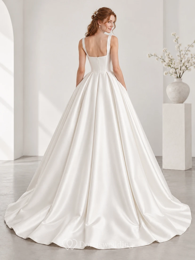 Simple Square Neck Satin Sleeveless Pleated Ball Gown Wedding Dress view 2