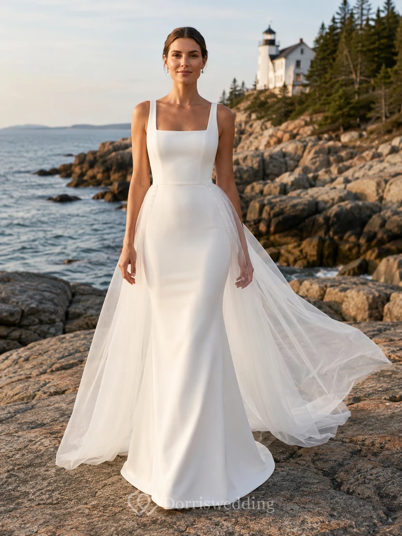 Robe de mariée fourreau en satin à encolure carrée, bretelles larges, empiècements de tulle fluide et traîne chapelle
