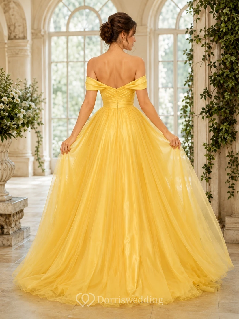 Yellow Tulle Ball Gown Off-Shoulder Short Sleeve Floor-Length Prom Dress view 2