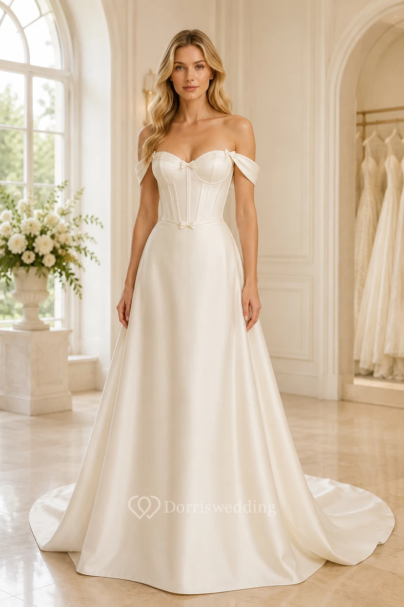 Brautkleid aus Satin, A-Linie, schulterfrei, kurze Ärmel, Schleppe