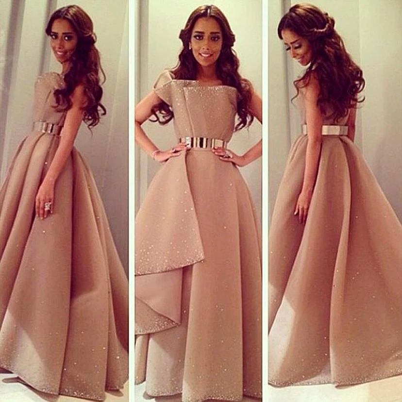 Modern A-line Sequined Evening Dress Metal Belt Sweep Train view 2