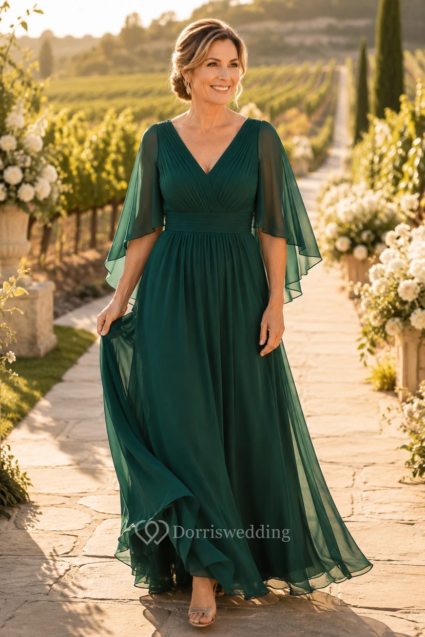 Vestido largo de gasa verde oscuro de corte A, manga corta, escote en V y falda plisada, ideal para la madre de la novia.