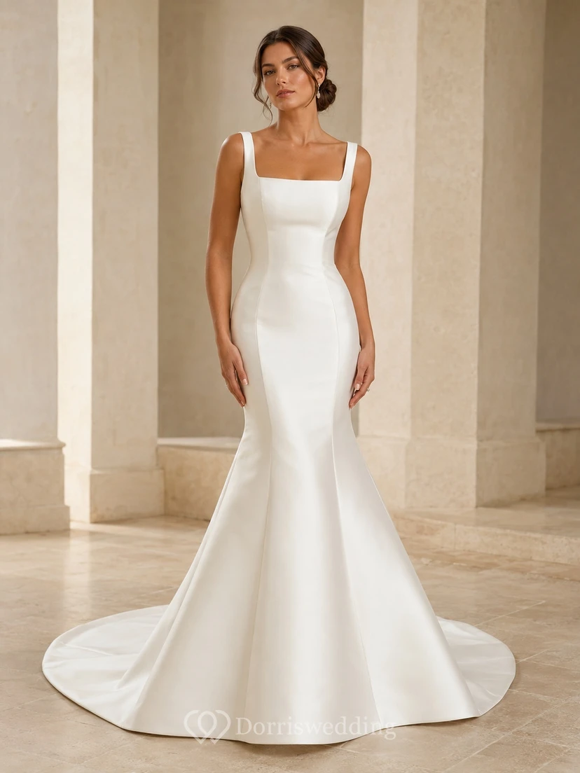 Simple Square Neck Wide Strap Satin Mermaid Court Train Trouwjurken Wedding Dress