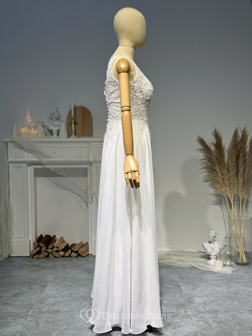 Sexy V-neck Sleeveless Front Split Chiffon Empire Lace Wedding Dress view 2