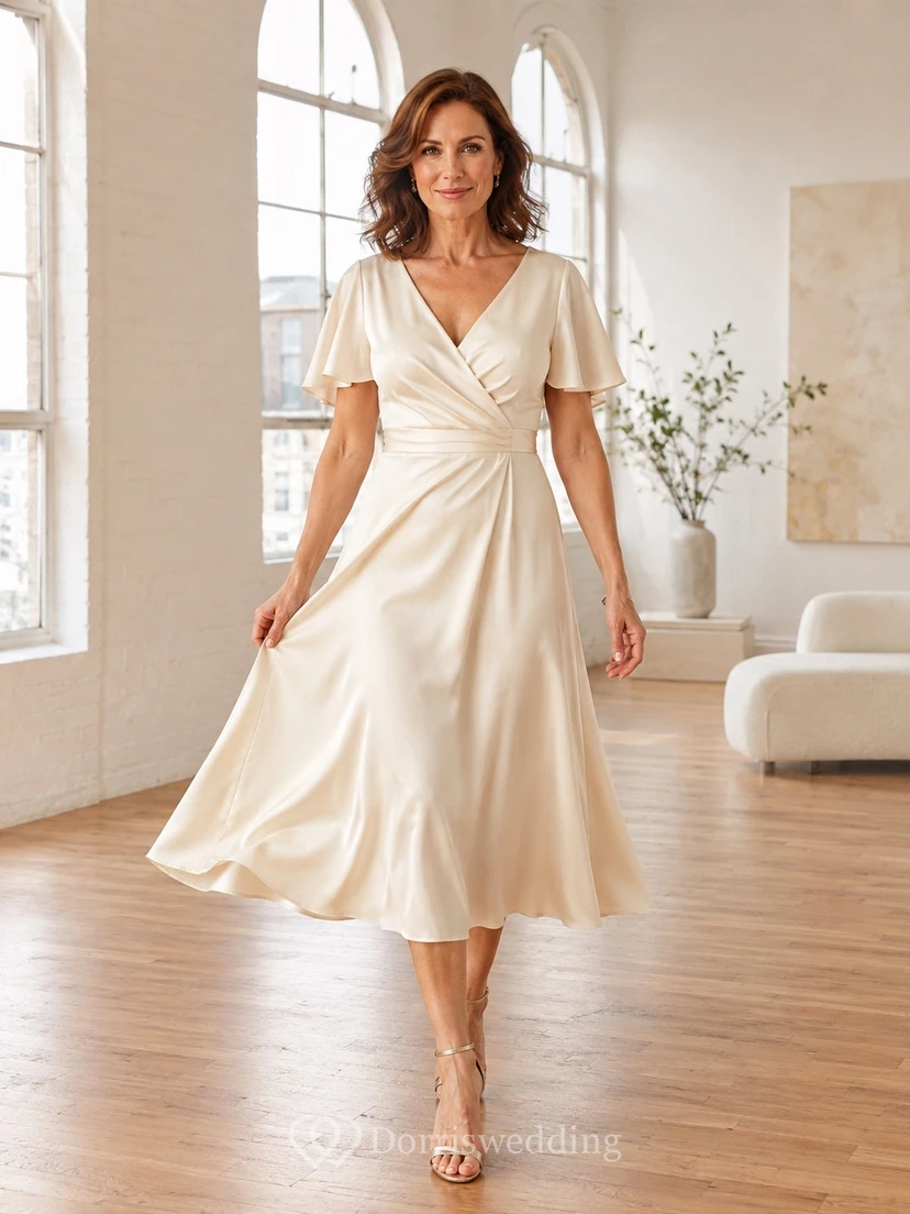 Elegantes, lässiges Satin-Wickelkleid mit V-Ausschnitt, flatternden Ärmeln, A-Linie und Teelänge – das perfekte zweite Hochzeitskleid