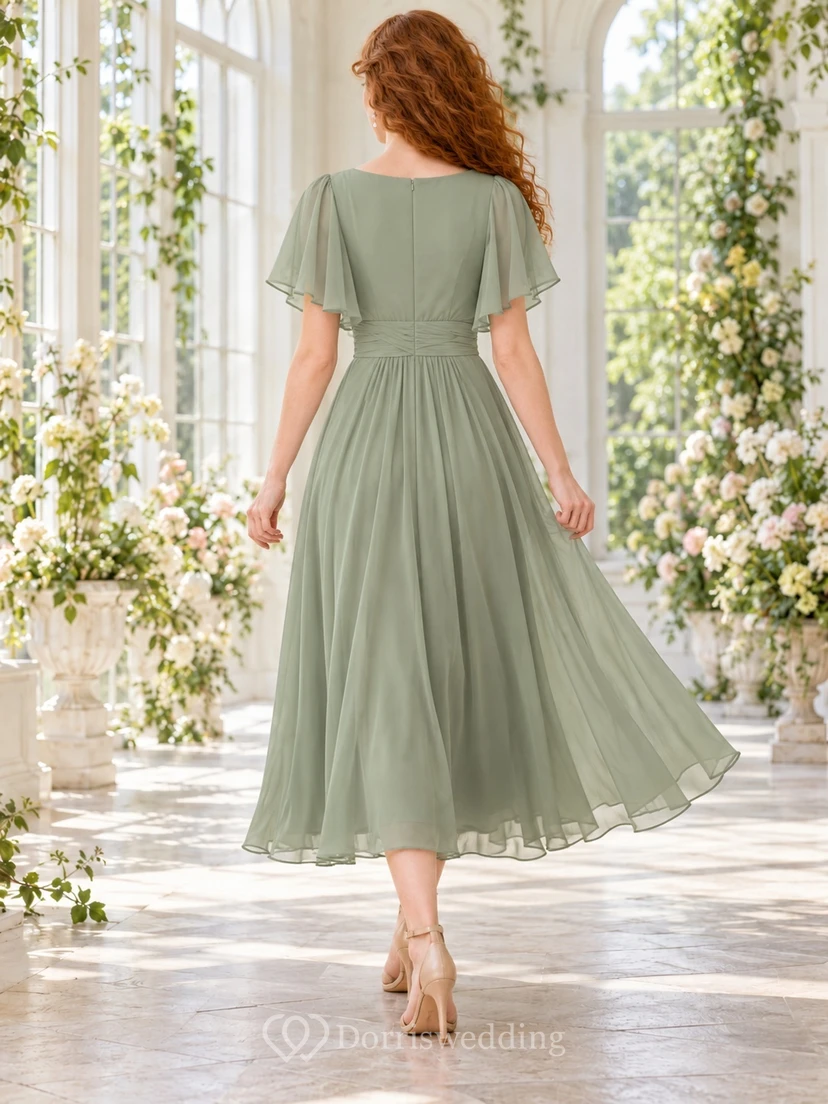Tea-length Simple Sage Bateau Flutter Sleeve Pleated Wedding Guest Dress view 2