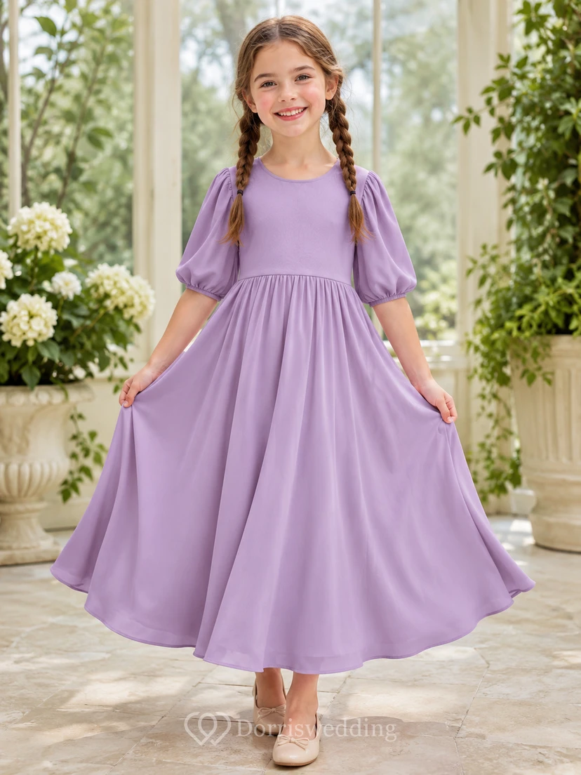 Flower Girl Dress A-Line Lilac Sensory Friendly Jersey Puff Sleeve Party