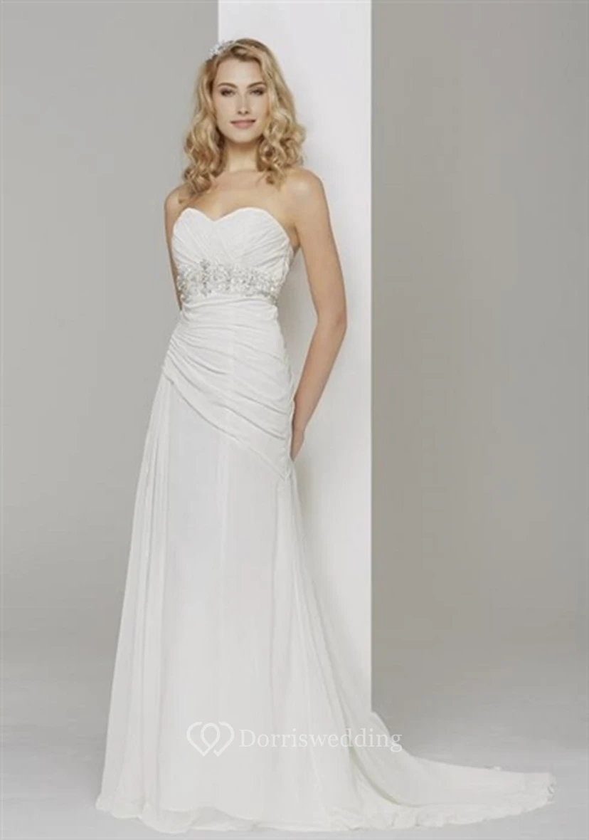 Floor-Length Sweetheart Ruched Chiffon Wedding Dress With Brush Train
