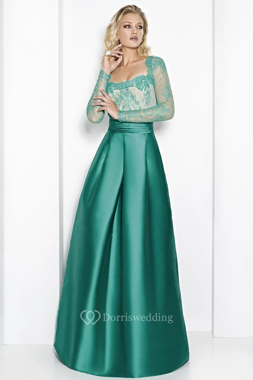 A-Line Long-Sleeve Square-Neck Long Satin&Lace Prom Dress