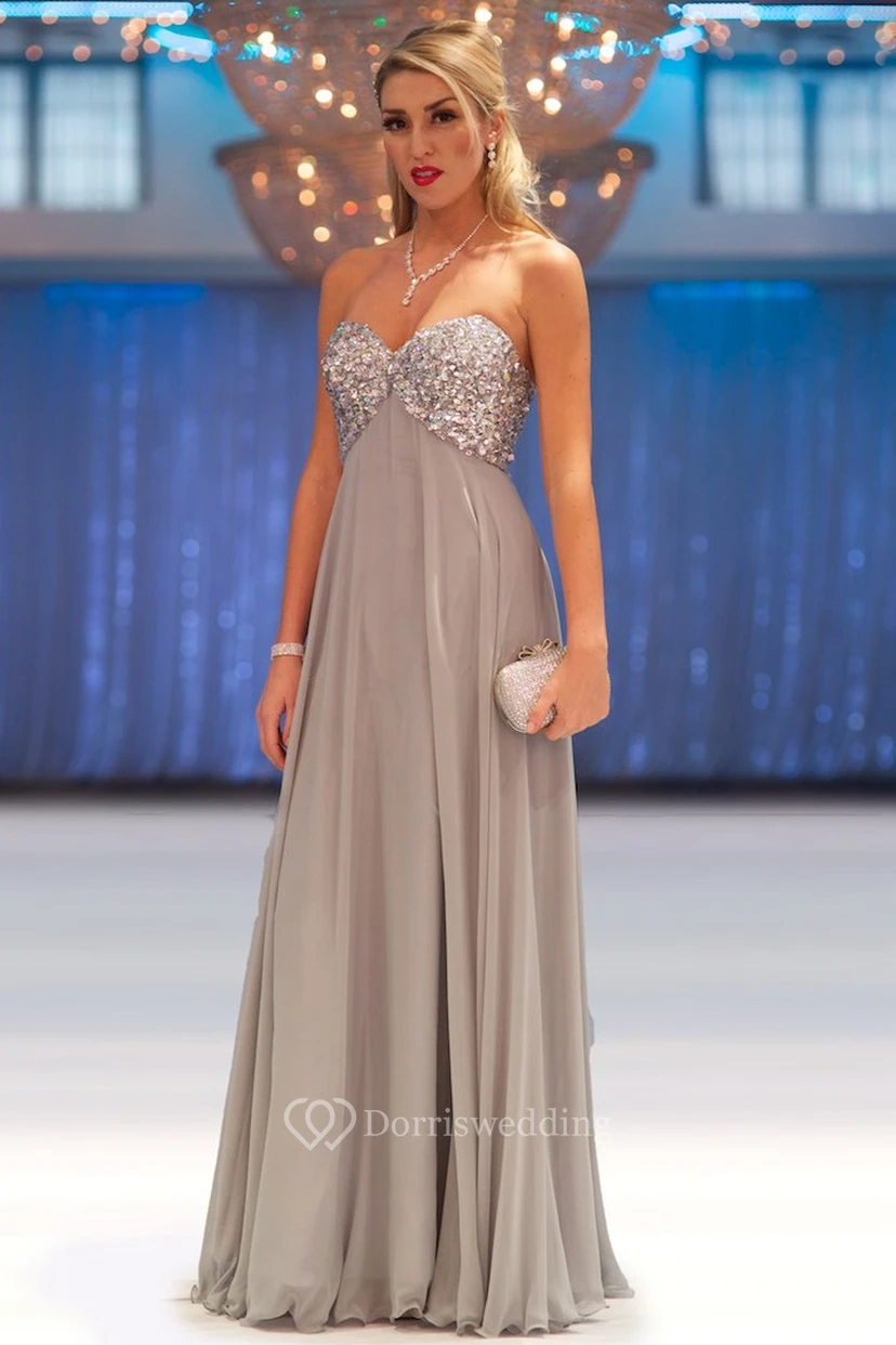 Sheath Long Sleeveless Sweetheart Empire Beaded Chiffon Prom Dress With Pleats