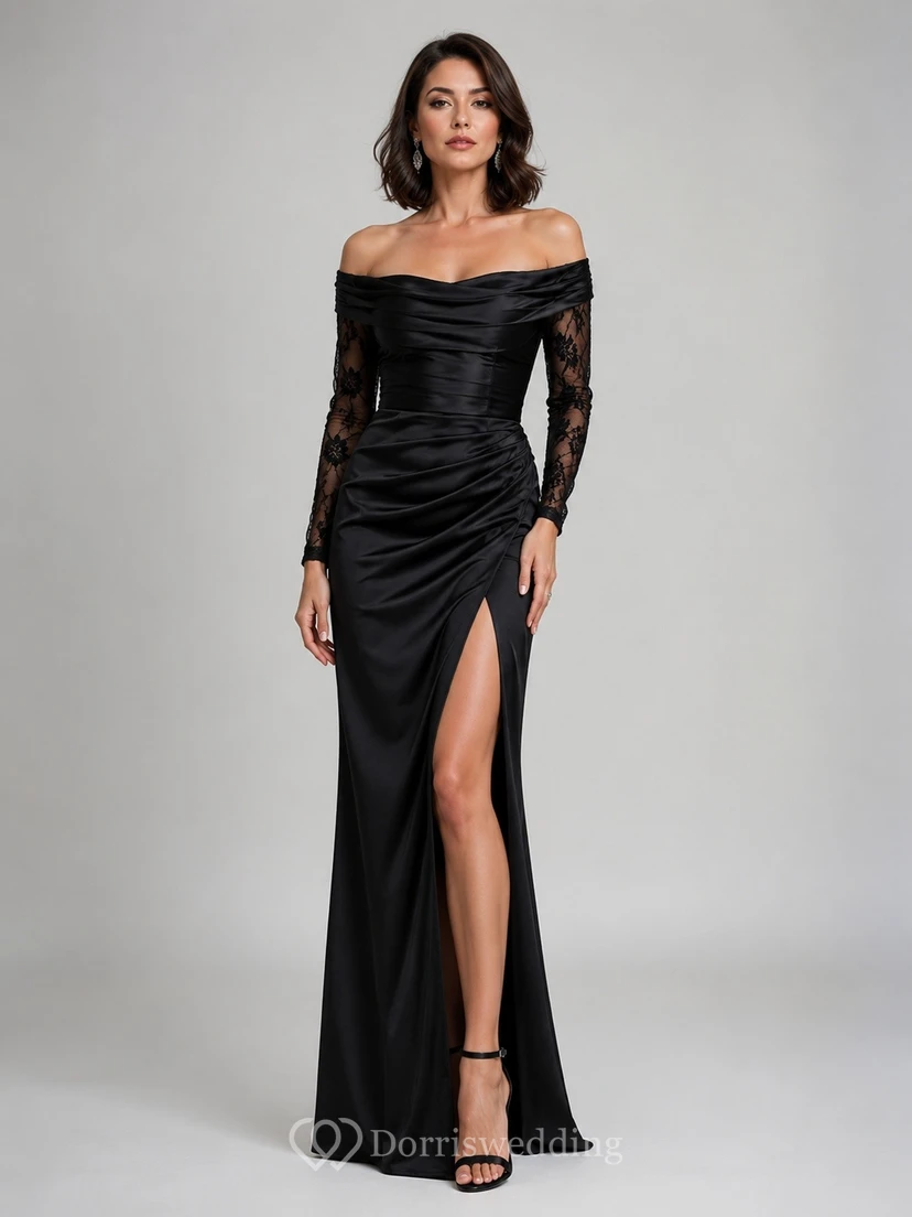 Black Off Shoulder Long Sleeve Ruched Bodycon Formal Evening Dress