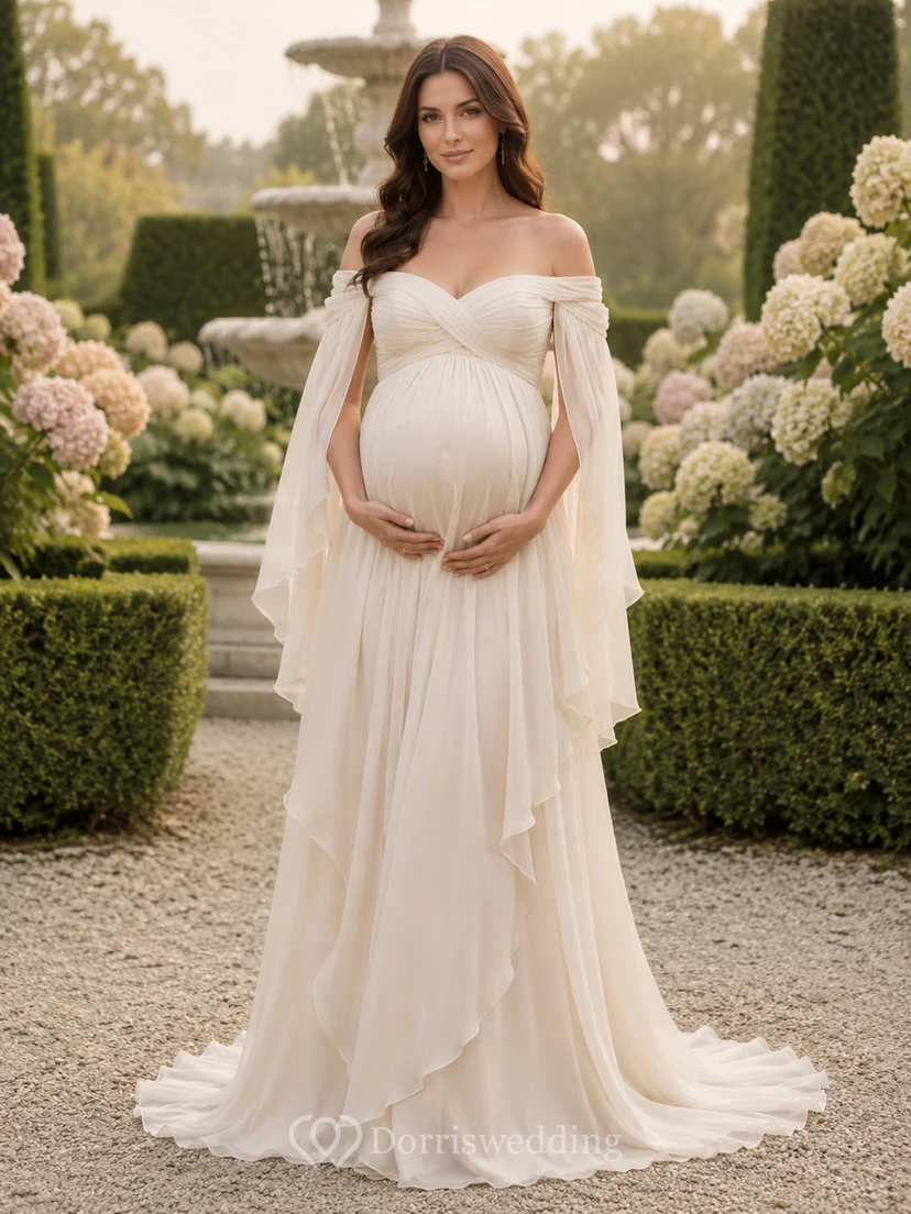 Umstandsbrautkleid, schulterfrei, drapiertes Chiffon-Gartenkleid mit weicher Schleppe