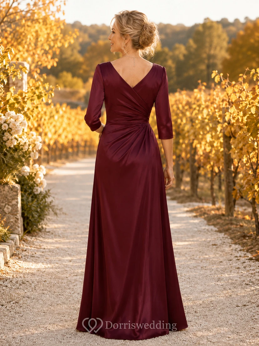 Burgunderfarbenes, schlichtes A-Linien-Kleid aus Satin mit V-Ausschnitt, Dreiviertelärmeln und bodenlanger Silhouette – ideal für Herbst und Outdoor-Aktivitäten und als Brautmutterkleid. view 2