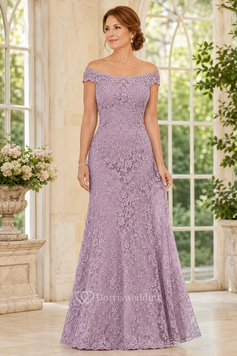 Lavendelfarbenes schulterfreies Meerjungfrauen-Kleid aus Spitze für Mütter