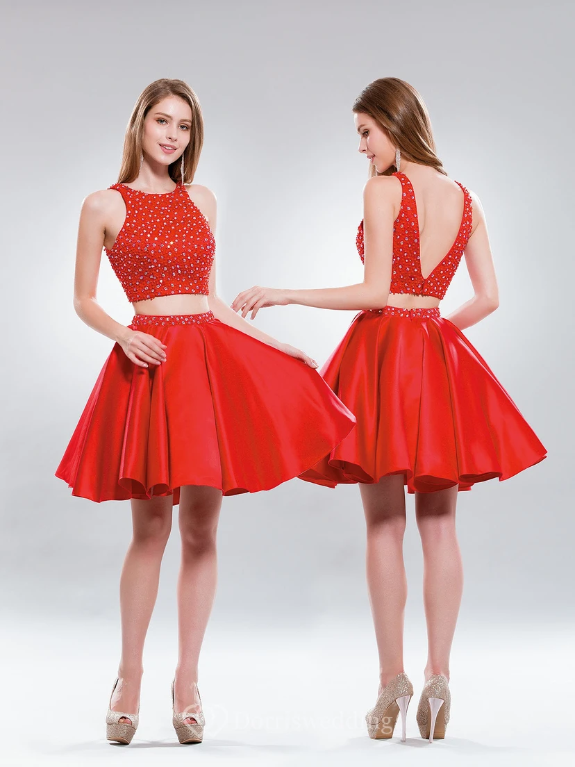 Two-Piece A-Line Short Scoop-Neck Sleeveless Satin Deep-V Back Dress With Beading