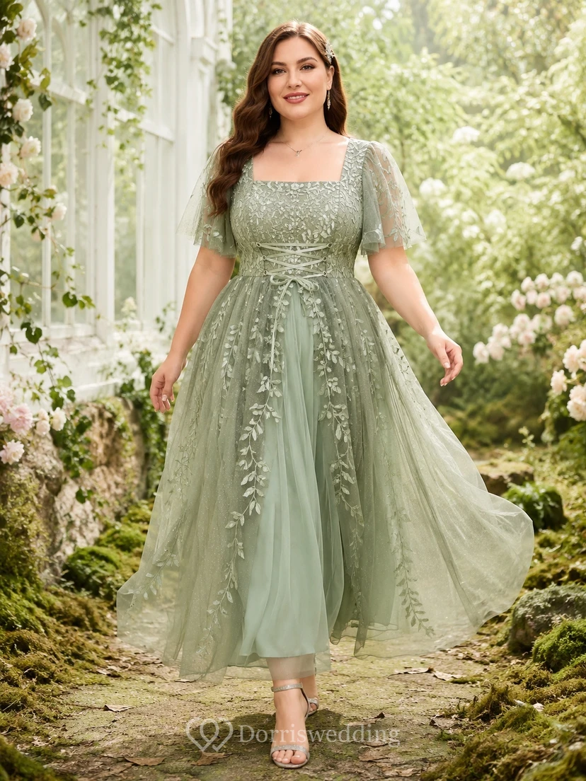 Vestido de hadas largo hasta los tobillos, de encaje, corte A, cuello cuadrado, mangas con volantes y color verde salvia, talla grande.