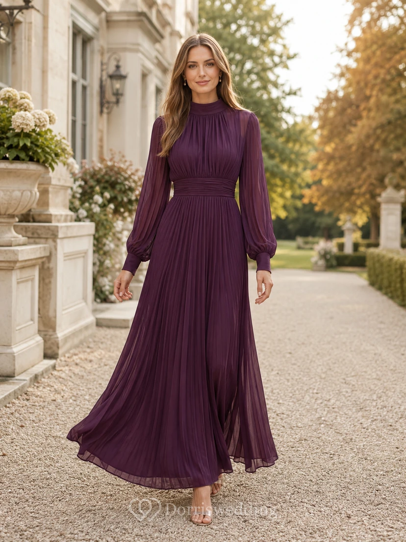 Plum High Neck Poet Sleeve Pleated Chiffon Floor Guest Dress