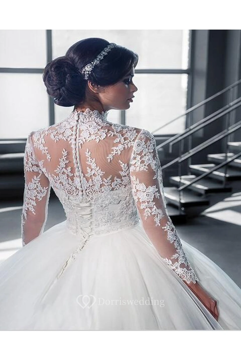 Modern High Neck Lace Appliques Wedding Dress Ball Gown Long Sleeve view 2