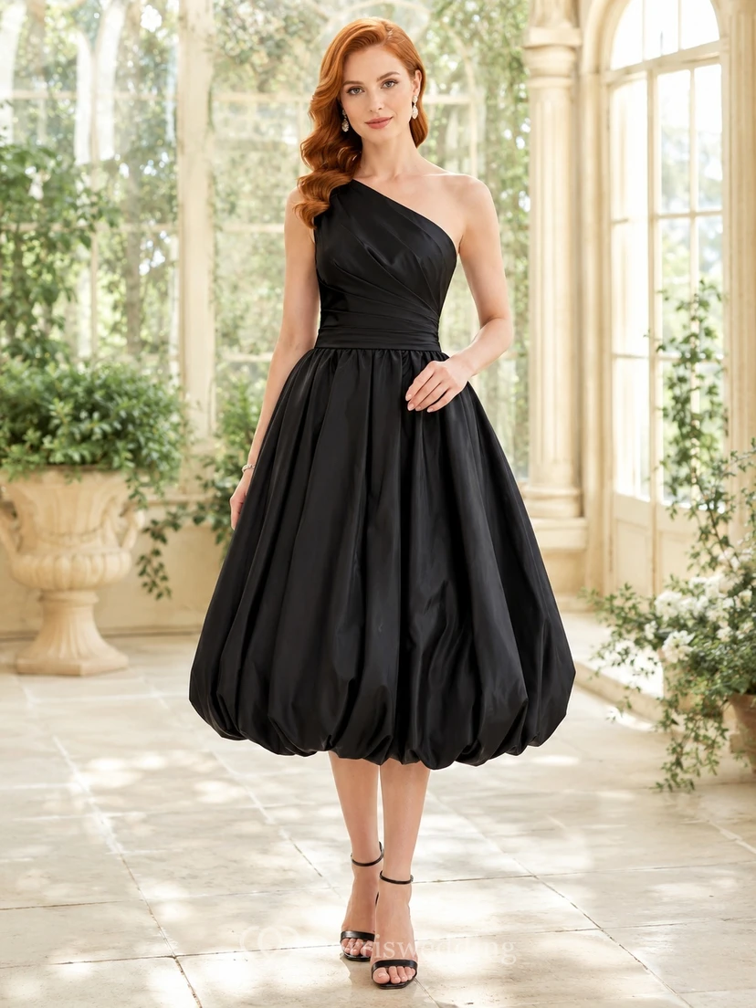 Black One-Shoulder Draped Taffeta Bubble-Hem A-Line Knee-Length Cocktail Dress