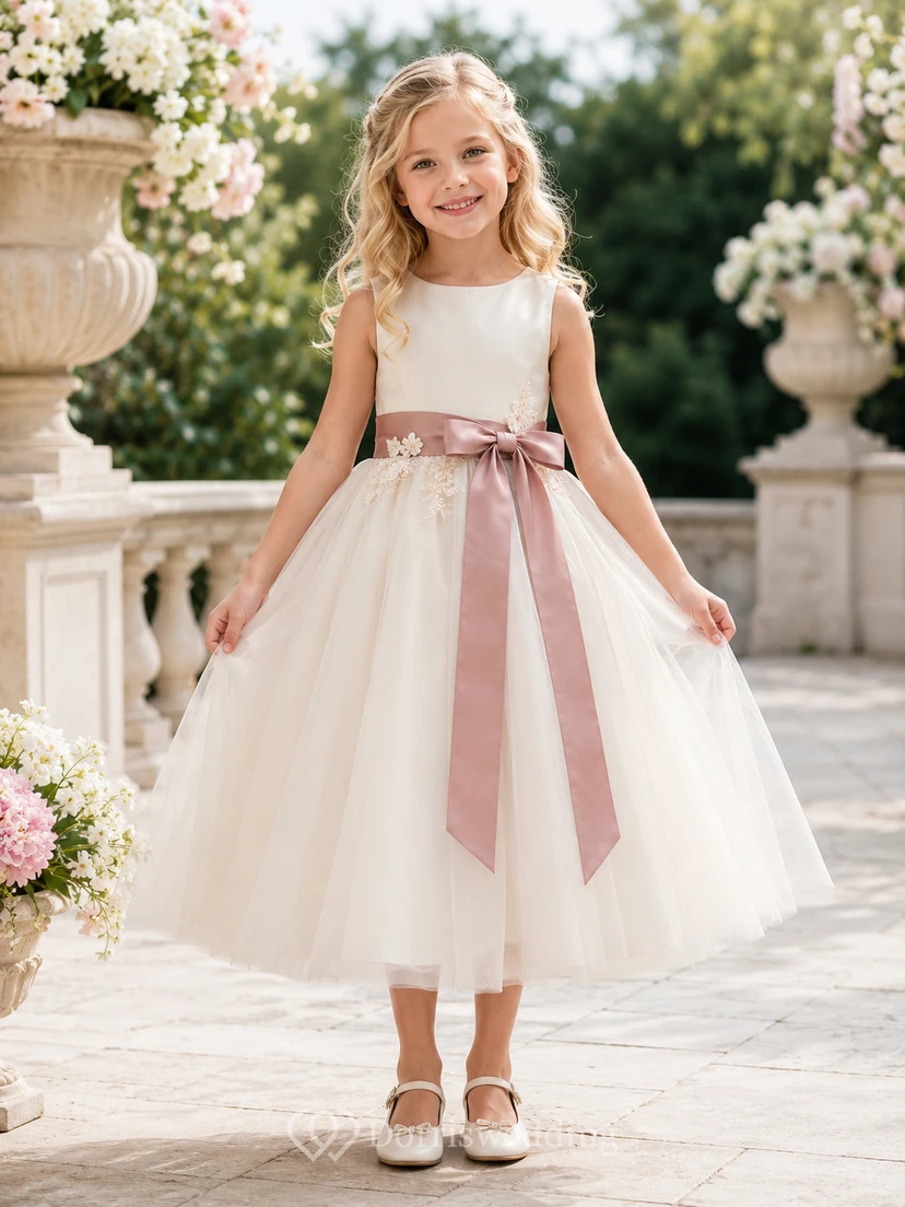 Bow Back Tulle A-Line Flower Girl Dress with Jewel Neck and Tea-Length Skirt