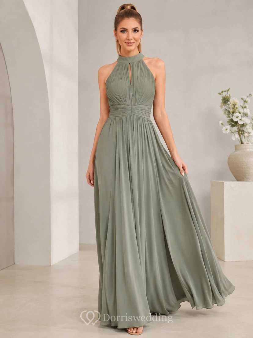 Sage High Neck Sleeveless Chiffon A-Line Gown Classic