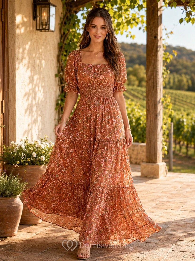 Vestido largo escalonado de manga corta con escote en V y estampado floral color óxido