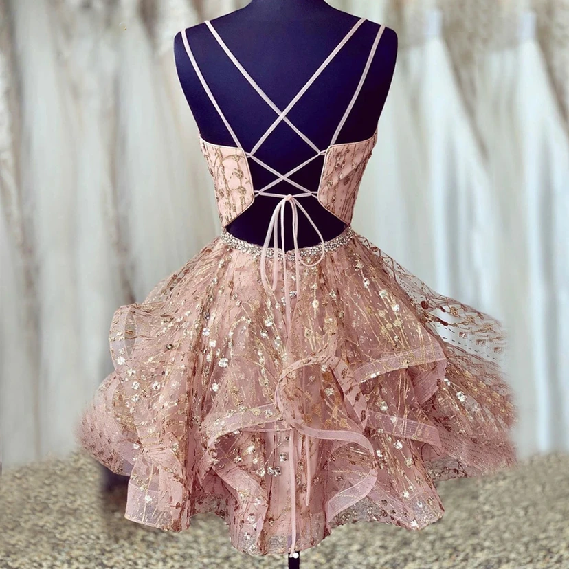 Pink Gold Sequin Strapless Mini Dress view 12