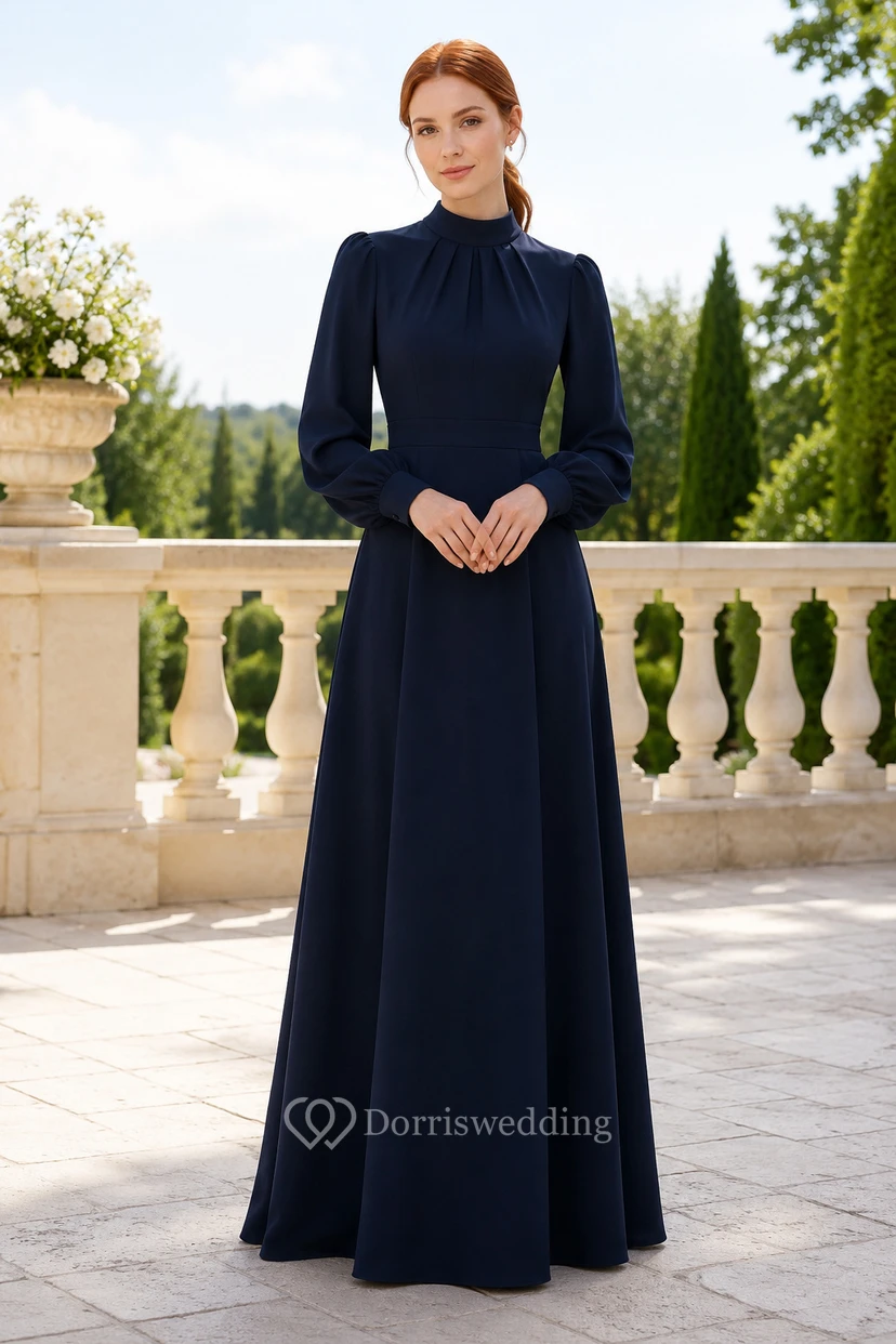 Dark Navy Modest High Neck Long Sleeve A-Line Evening Dress for Mother of the Bride and Wedding Guest Events