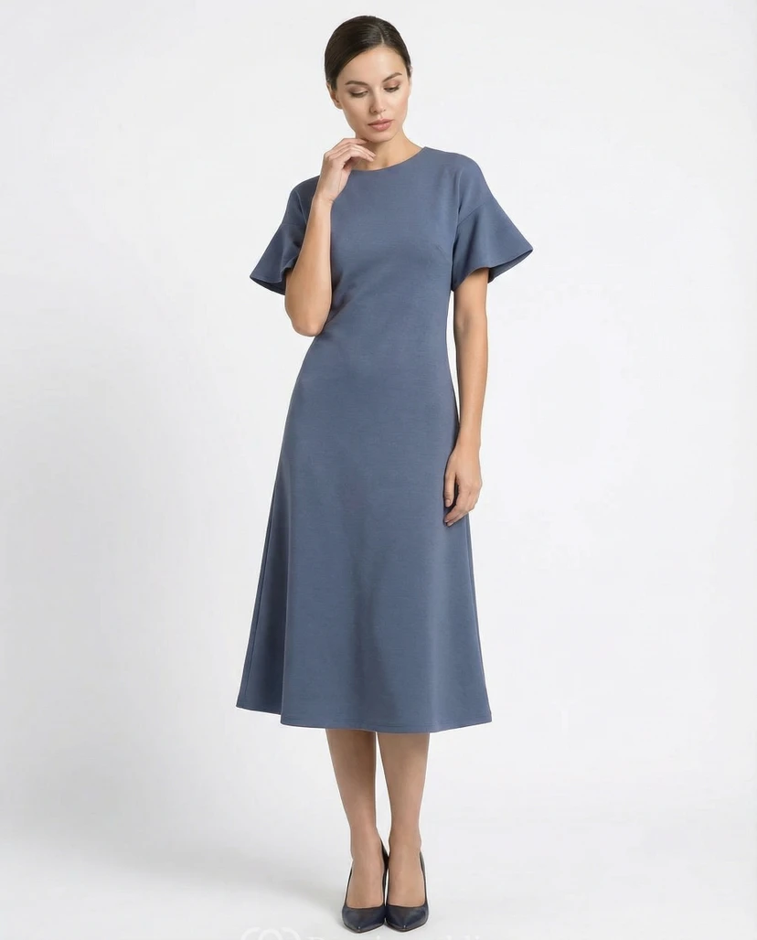 High Neck Jersey A-Line Dress with Bell Sleeves view 5