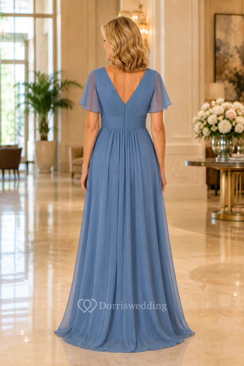 MOB-Kleid aus stahlblauem Chiffon, A-Linie, kurze Ärmel, V-Ausschnitt, bodenlang, mit Rüschenbesatz view 2