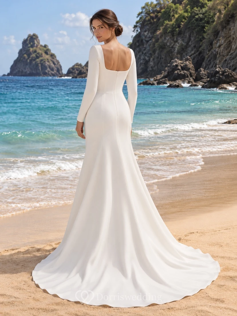 Mermaid Square Neck Long Sleeve Crepe Wedding Dress with Bodice and Sweep Train view 2