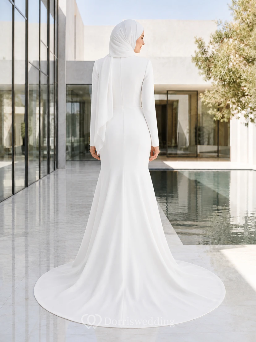 Vestido de novia de sirena de crepé, manga larga y cuello alto, de estilo musulmán modesto, de estilo musulmán. view 2