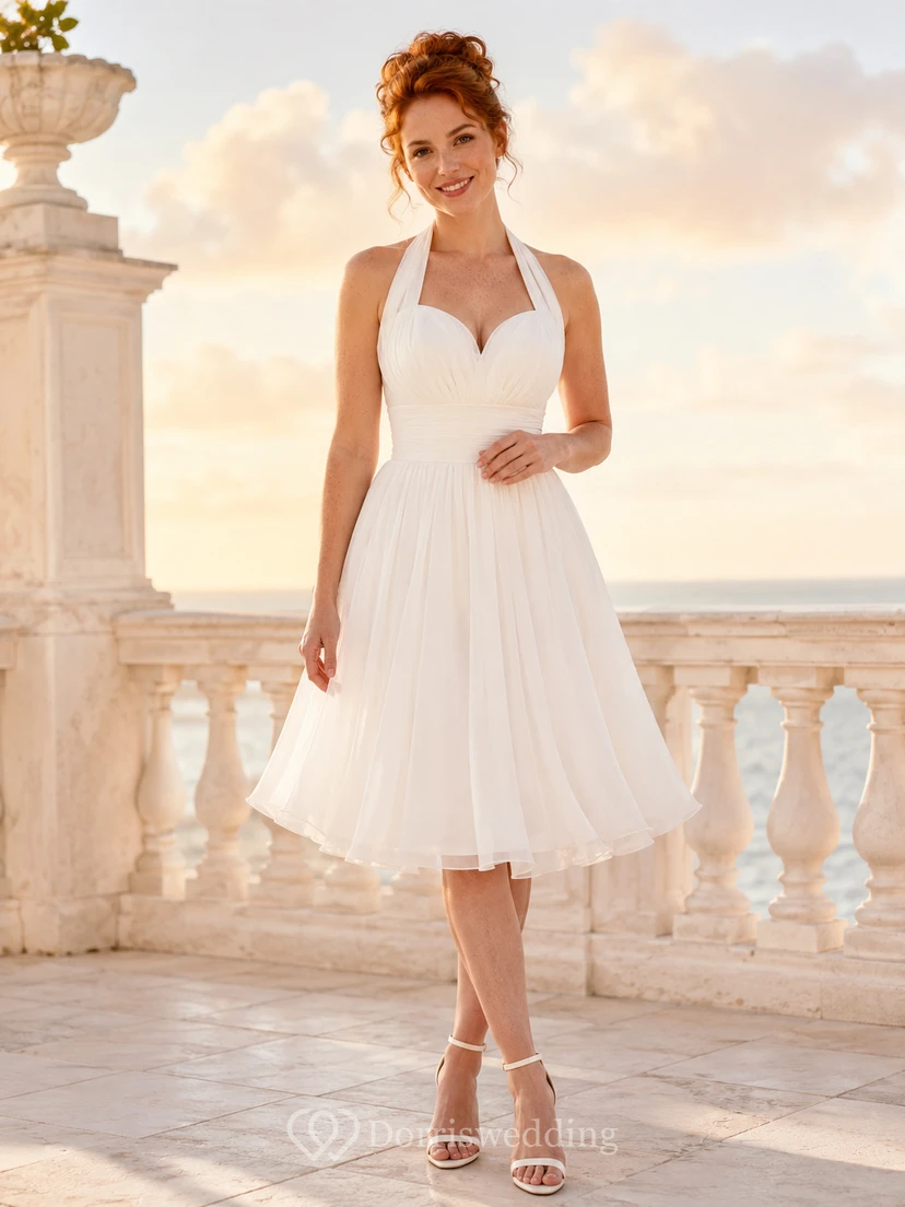 Lace Edged Halter Ivory A-Line Tea-length Sleeveless Chiffon Romantic Vintage Cocktail Guest Garden Dress