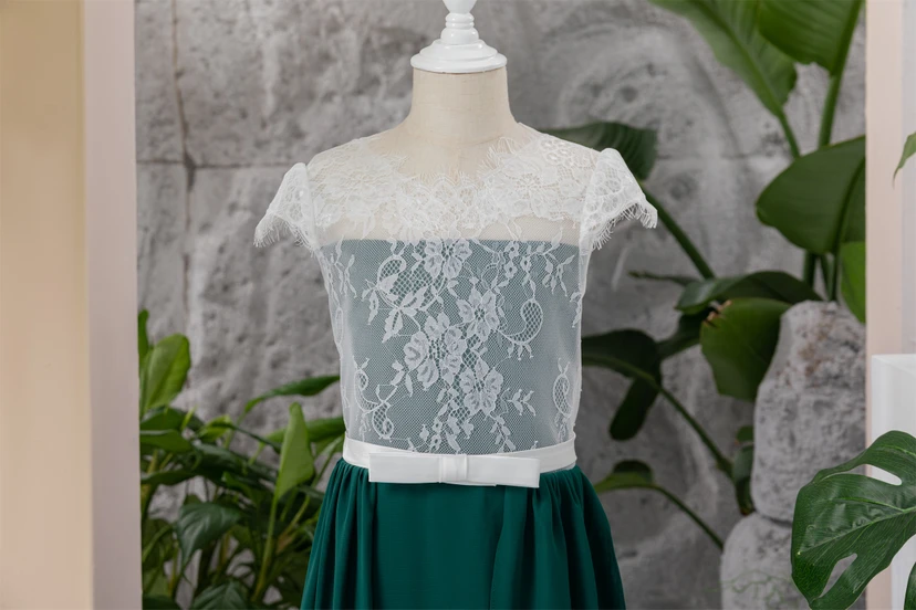 Chiffon White and Dark Green Lace Floor-length Flowergirl Dress view 3