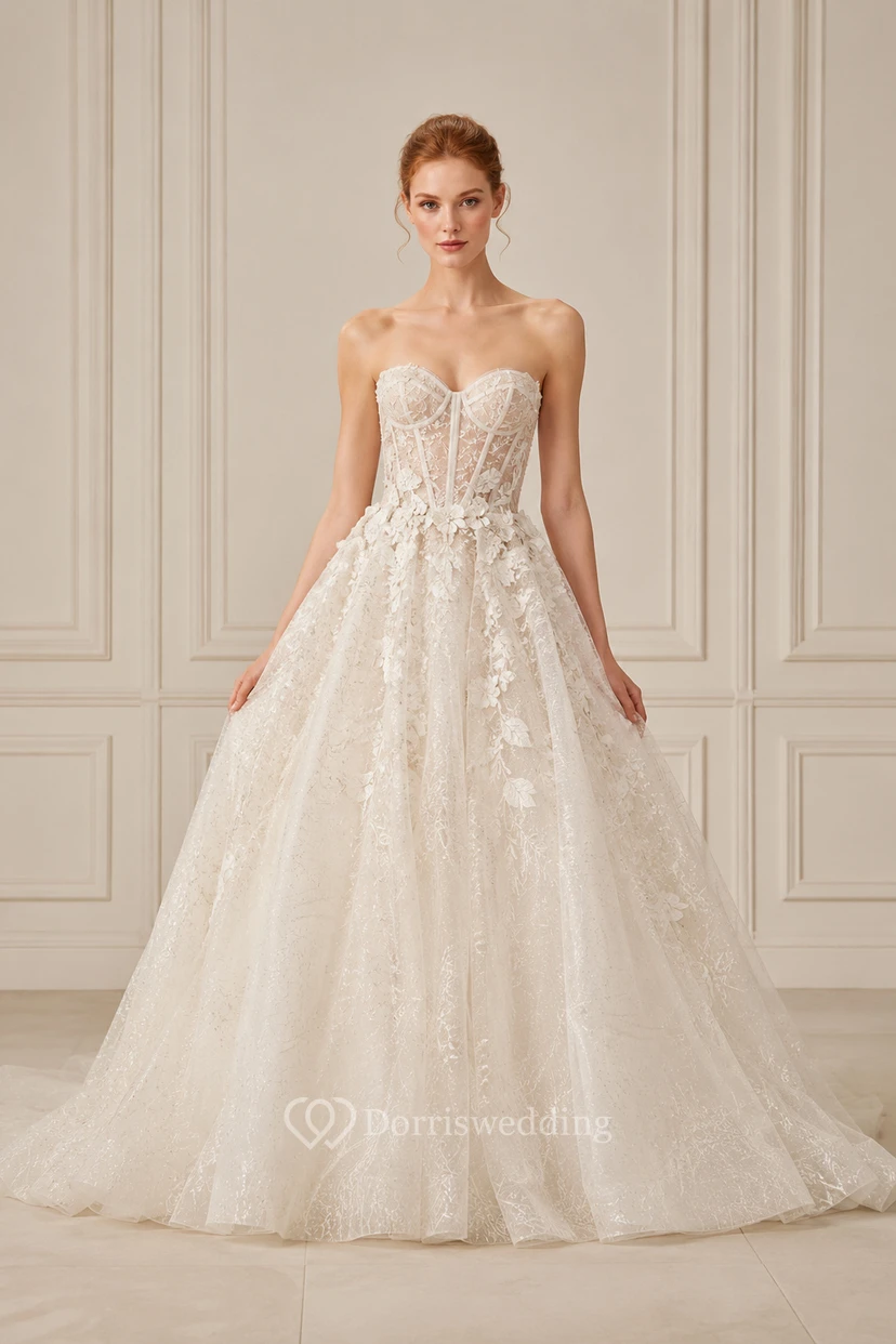 Vestido de novia de gala sin tirantes de encaje con falda de tul