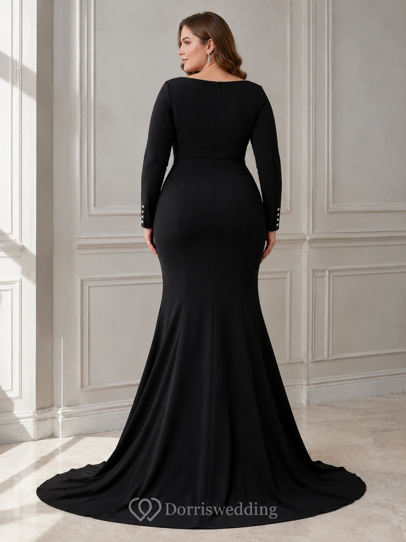 Vestido de novia moderno de satén negro de talla grande con escote barco, manga larga y cola de sirena. view 2