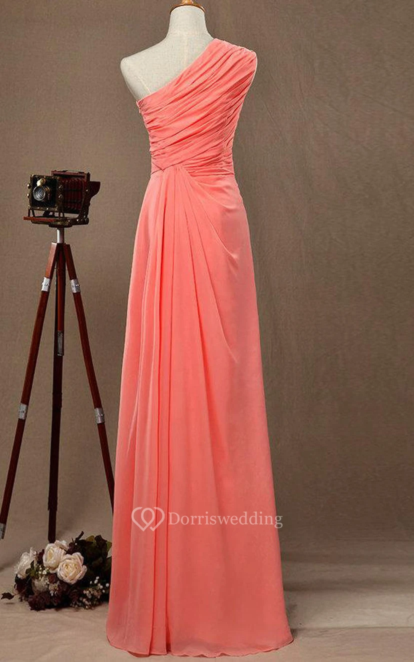 One Shoulder A-line Pleated Chiffon Floor Length Dress With Ruching view 3