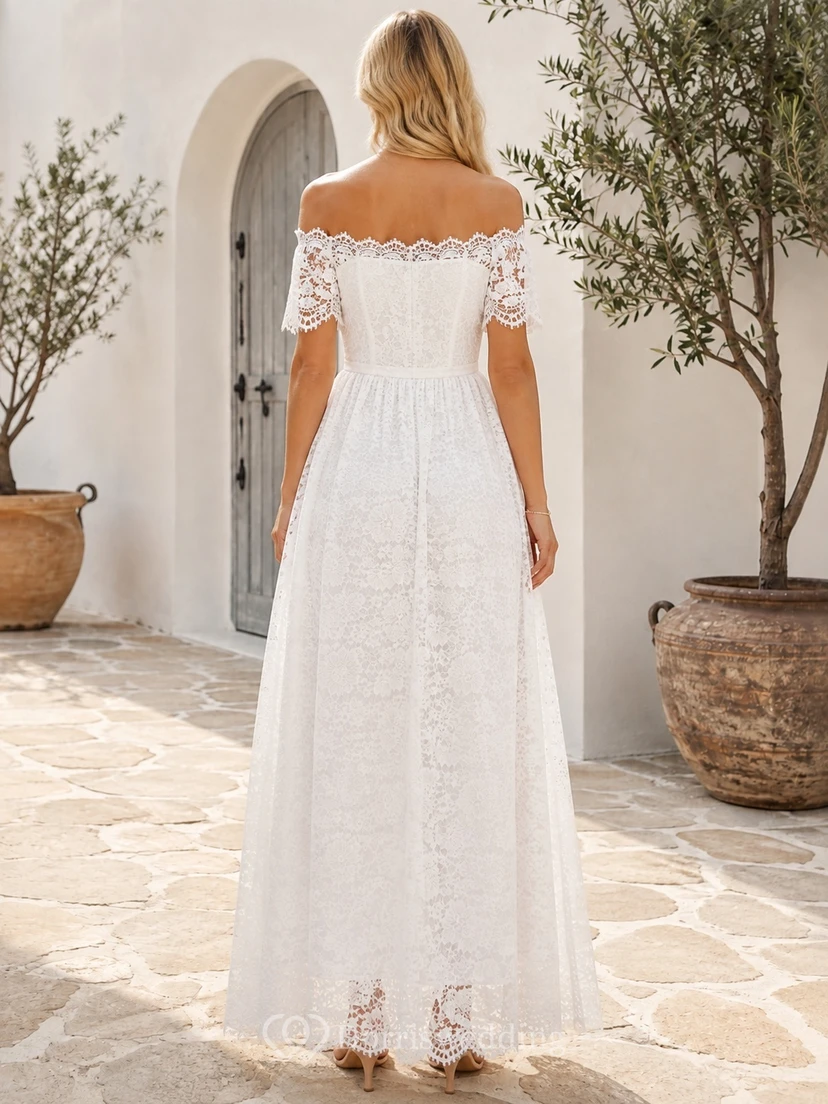 Boho Off-Shoulder Lace Cap Sleeve A-Line Floor-Length Casual Beach Wedding Dress view 2
