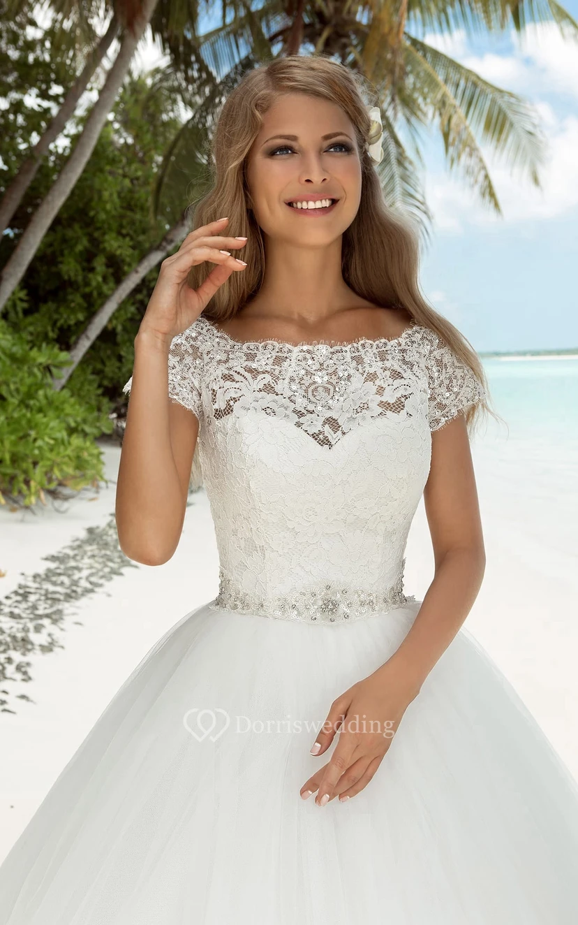 A-Line Maxi Bateau-Neck Long-Sleeve Tulle Dress With Beaded view 2