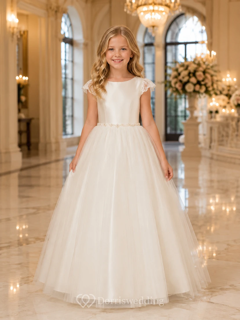 A-Line Evening Wedding Flower Girl Dress with Cap Sleeves, Smooth Bodice, Full Tulle Skirt, Natural Waist, Formal Ceremony Style