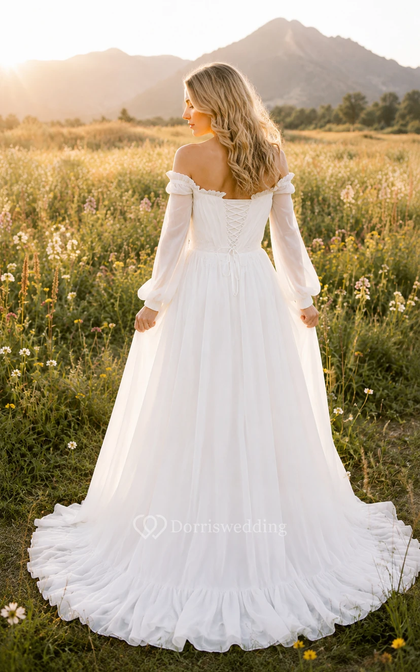 Ivory Off-the-Shoulder Long Sleeve Chiffon A-Line Wedding Dress
