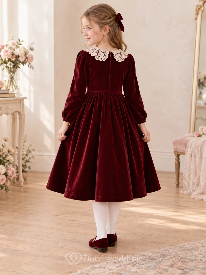 Vintage Long Sleeve Tea-length Burgundy Lace Collar Velvet Flower Girl Dress view 2