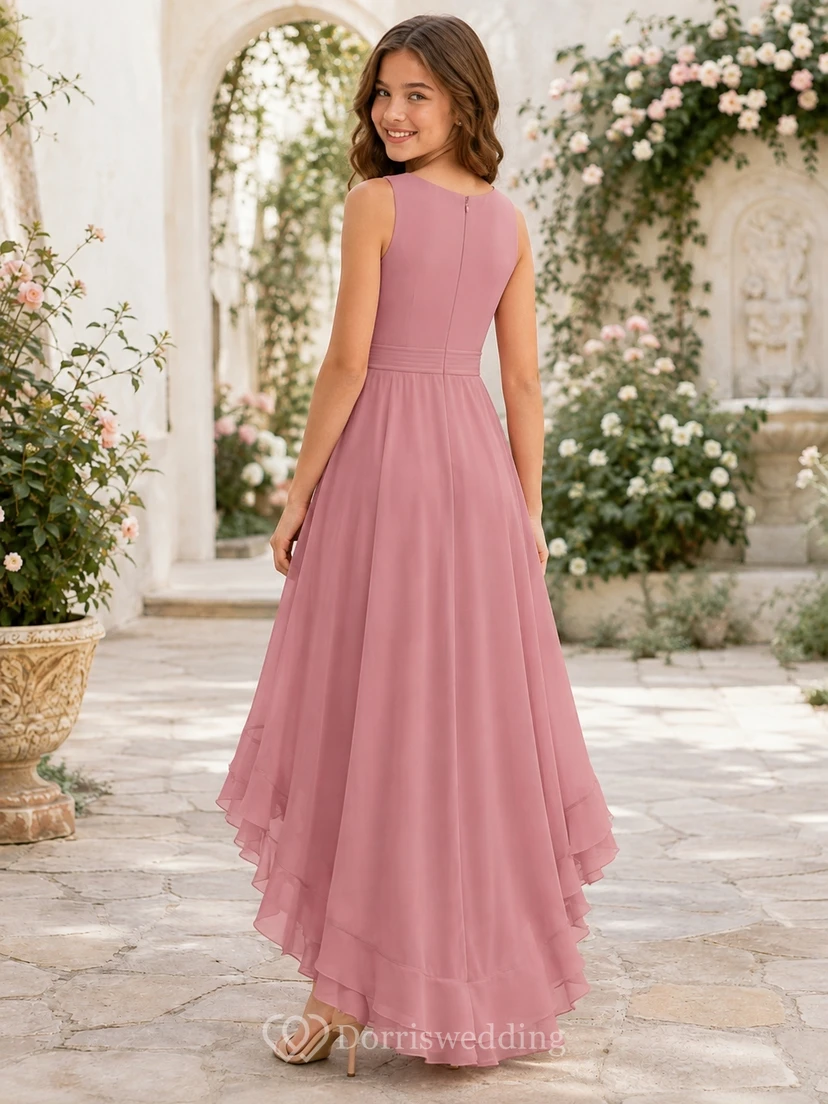 Brautjungfernkleid in Altrosa, A-Linie, ärmellos, asymmetrischer Saum, Chiffon, Rüschen, romantisch view 2