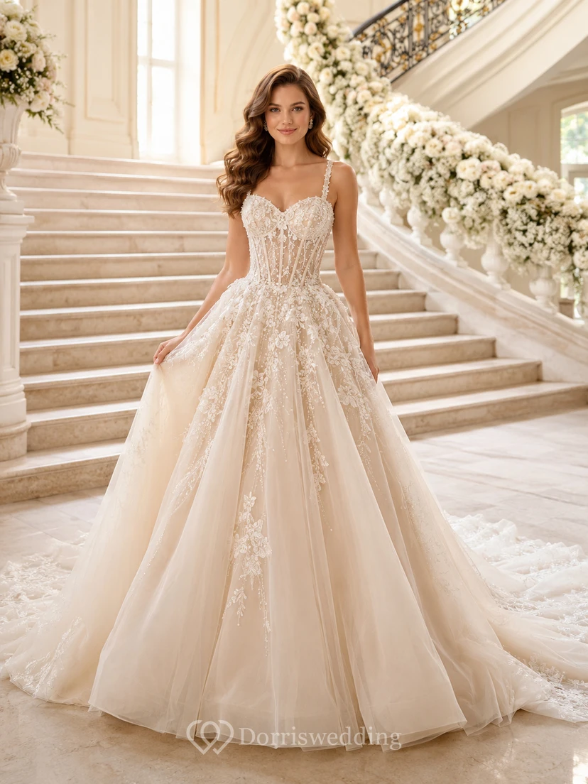 Robe de mariée en dentelle ornée, tulle, bretelles cœur, sans manches, coupe trapèze, traîne chapelle, applications florales, idéale pour un mariage à destination.