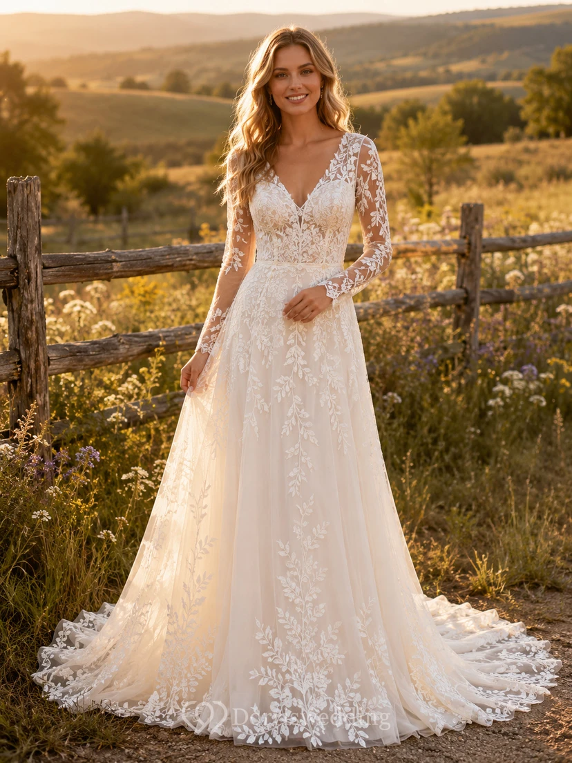 Robe de mariée champêtre en tulle et dentelle, coupe trapèze, épaules dénudées, traîne chapelle et dos corset lacé fendu