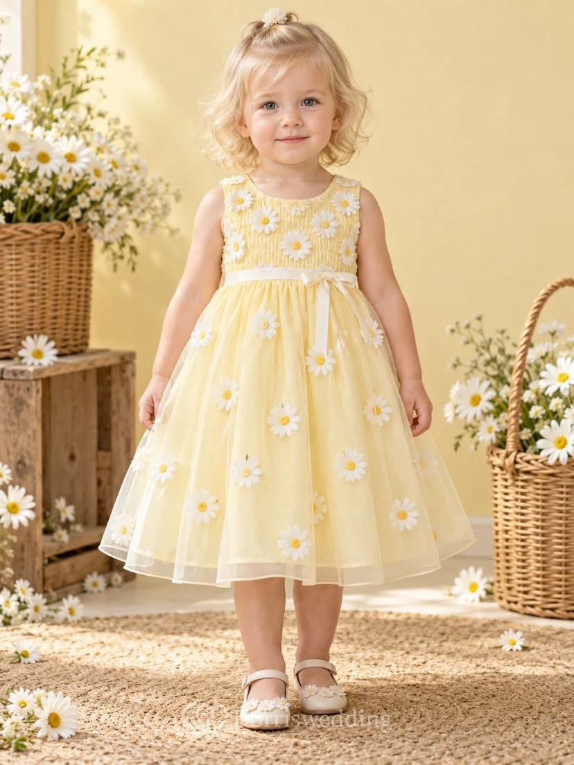 Teelanges gelbes, geblümtes Sommerkleid in A-Linie aus Tüll, ärmellos mit Schleife in der Taille, Blumenmädchenkleid