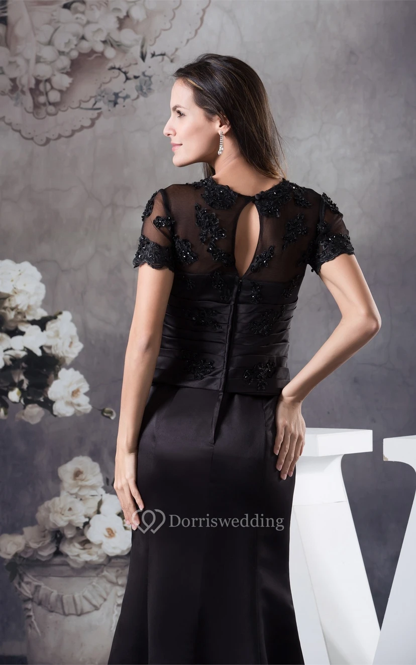 V-Neck Mermaid Satin Mini-Sleeve Illusion and Dress With Appliques view 6