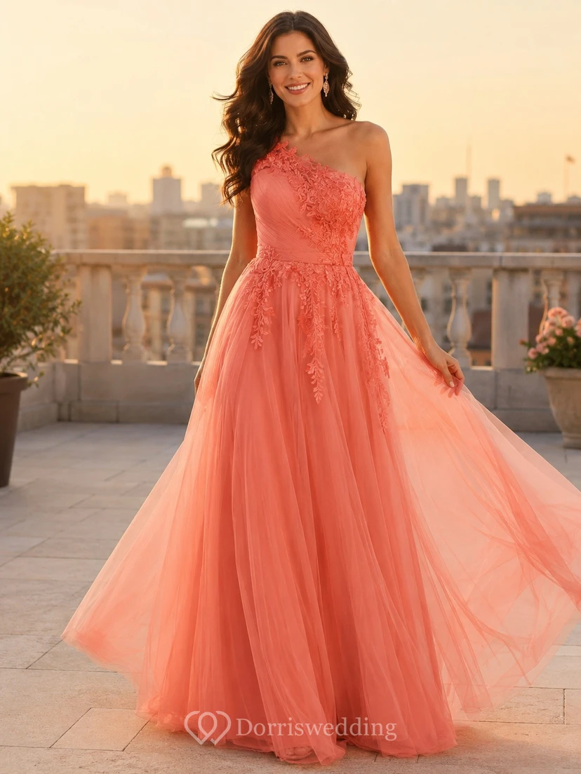 Coral Romantic One-Shoulder Tulle Sleeveless A-Line Floor-Length Evening Dress